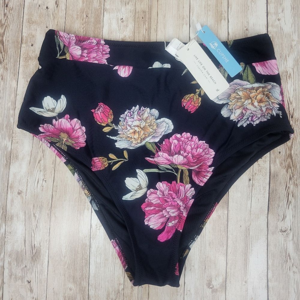 Cupshe Black Floral High Waist Bikini Bottoms Size XL